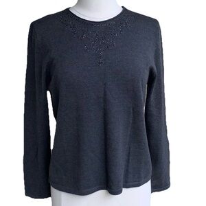 Pendleton 100% Merino Wool Beaded Sweater Women’s Size Large Charcoal Gray Crew